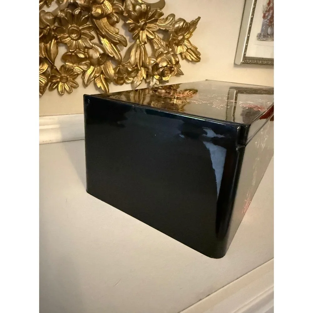Vintage Japanese Floral Black Lacquer Style Tissue Box Cover with Int. Mirror